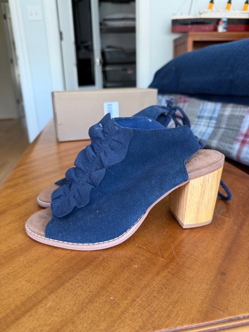 Toms Navy Suede Ruffle Open-Toe Block Heel Sandals